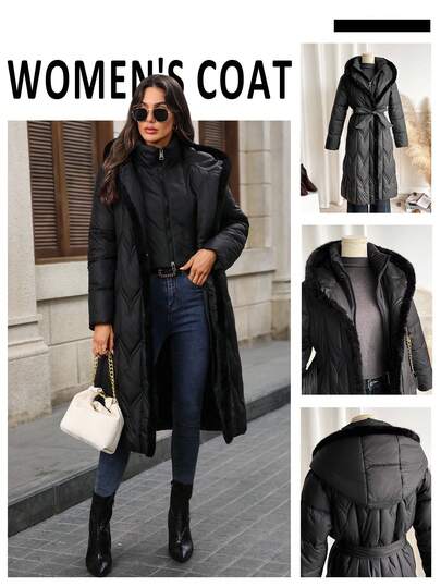 EMERY ROSE معطف شتوي طويل للنساء مع غطاء رأس من الفرو الاصطناعي وياقة سحاب، معطف شتوي طويل للنساء مع تصميم مبطن للطقس البارد، معطف بوفر أسود أنيق للنساء مع غطاء رأس مزين بالفرو، معطف شتوي أنيق للنساء مع تصميم سحاب كامل الطول