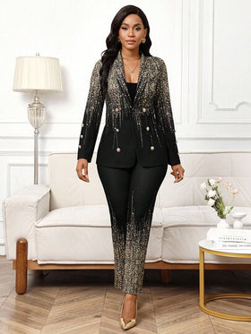 SHEIN Lady بدلات نسائية، أقمشة مطبوعة لامعة، مناسبة للتنقل والمكاتب الأنيقة، ملابس خريف وشتاء للنساء