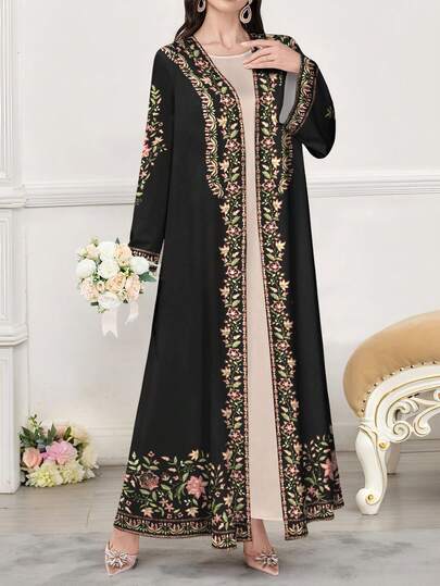 SHEIN Najma عباية عربية كاجوال طويلة الأكمام مطبوعة رقميًا بنقوش الزهور والنباتات، للربيع والخريف