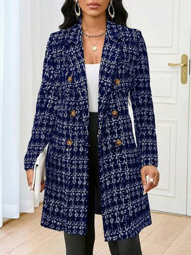 SHEIN Lady معطف وسترة كبيرة الحجم ذات ياقة وأكمام طويلة مصنوعة من الصوف المنسوج بنمط الشيكات الأسود والأبيض، مناسبة للارتداء في المكتب والتنقل في فصلي الخريف والشتاء