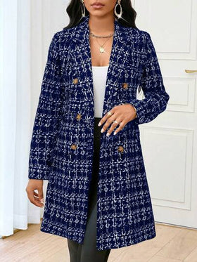 SHEIN Lady معطف وسترة كبيرة الحجم ذات ياقة وأكمام طويلة مصنوعة من الصوف المنسوج بنمط الشيكات الأسود والأبيض، مناسبة للارتداء في المكتب والتنقل في فصلي الخريف والشتاء