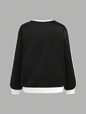 مجموعة من قطعتين من البلوزة الرياضية والبنطلون الرياضي الواسع للفتيات المراهقات، بلوزة كريو ذات أكمام طويلة وبنطلون واسع باللونين الأسود والأبيض، ملابس مريحة للمدرسة