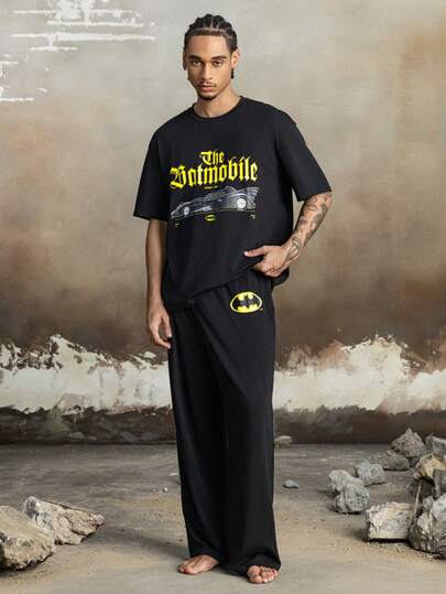 BATMAN X SHEIN طقم ملابس منزلية صيفية للرجال مكون من ملابس علوية مطبوع عليها رسومات حرفية وبنطلون