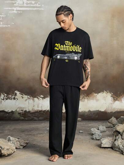 BATMAN X SHEIN طقم ملابس منزلية صيفية للرجال مكون من ملابس علوية مطبوع عليها رسومات حرفية وبنطلون