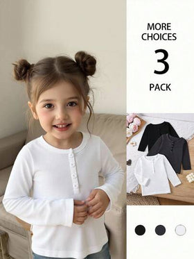 SHEIN 3 قطع بلوزة بناتية مريحة طويلة الأكمام، مناسبة للأطفال من عمر 0-3 سنوات، تصميم ياقة كبيرة، زخرفة أزرار عمودية على الصدر. ملمس ناعم. مناسبة لمناسبات متنوعة، مثل الأنشطة الخارجية وتجمعات العائلة، إلخ. مناسبة للخريف والشتاء.