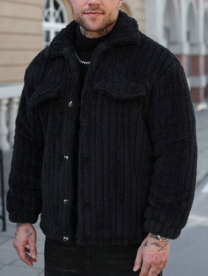 Manfinity Homme جاكيت فلانيل مع تفاصيل الرفرفة وأزرار أمامية، ملابس خارجية بأكمام قصيرة للرجال، ملابس شتوية للرجال، جاكيت بأزرار أمامية وأكمام طويلة وجيوب بسيطة، ملابس كاجوال للاستخدام اليومي، جاكيت للرجال، جاكيت للرجال للخريف والشتاء، هدية للصديق، جاكيت