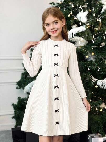 SHEIN Serisse Kids فستان كنزة بياقة دائرية وخصر مناسب للمراهقات، مع فيونكة أمامية متباينة للشتاء، فستان كنزة أبيض ثابت بأكمام طويلة