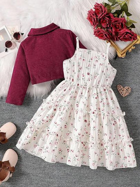 SHEIN Elladie kids مجموعة من 2 قطعة: بليزر أنيق بياقة طويلة الأكمام وفستان زلق بطبعة زهرية بخصر مطاطي، طقم كاجوال للارتداء اليومي والأعياد، للربيع والخريف
