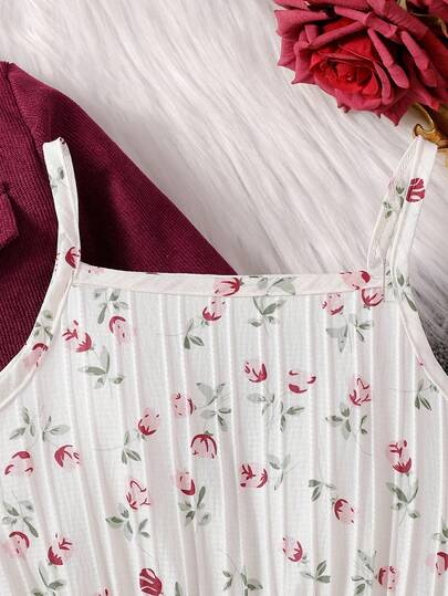 SHEIN Elladie kids مجموعة من 2 قطعة: بليزر أنيق بياقة طويلة الأكمام وفستان زلق بطبعة زهرية بخصر مطاطي، طقم كاجوال للارتداء اليومي والأعياد، للربيع والخريف