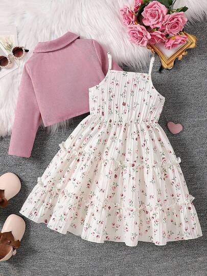 SHEIN Genkimix Kids مجموعة من 2 قطعة: بليزر أنيق بياقة طويلة الأكمام وفستان زلق بطبعة زهرية بخصر مطاطي، طقم كاجوال للارتداء اليومي والعطلات، للربيع والخريف