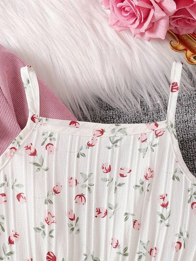 SHEIN Genkimix Kids مجموعة من 2 قطعة: بليزر أنيق بياقة طويلة الأكمام وفستان زلق بطبعة زهرية بخصر مطاطي، طقم كاجوال للارتداء اليومي والعطلات، للربيع والخريف