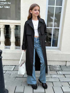 SHEIN Serisse Kids معطف طويل فضفاض مزين بوشاح وجيب وربطة عنق للفتيات المراهقات، بأسلوب عسكري كاجوال، مناسب للتنقل والأنشطة الخارجية، للعودة إلى المدرسة، ملابس متطابقة للأم والابنة