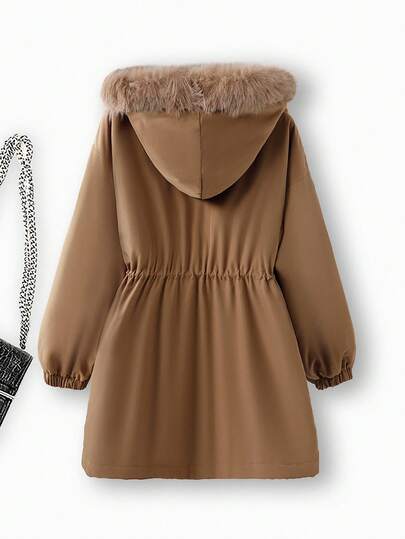 SHEIN Clasi معطف كاجوال مبطن بفرو الأرنب مع قبعة
