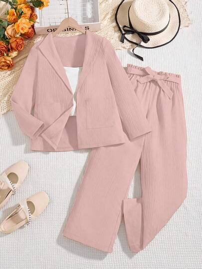 SHEIN مجموعة بنطلون خاكي وجاكيت كم طويل للبنات، ملابس يومية متعددة الاستخدامات، للربيع/الخريف