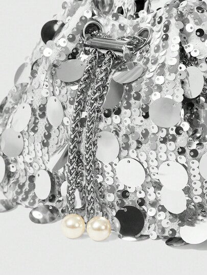 SHEIN BAE 1 حقيبة دلو مزينة بسلسلة وبرقيات وزخارف معدنية ولؤلؤية، حقيبة كلاتش للسهرات والأحتفالات للسيدات، حمالة الكتف أو عبر الجسم، هدية موضة
