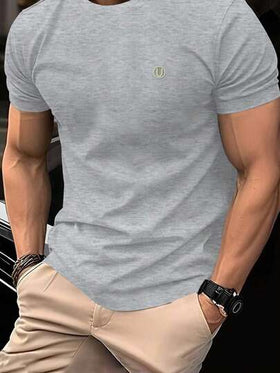 Manfinity Homme قميص كاجوال بياقة مستديرة وأكمام قصيرة بلون أحادي مناسب للرجال