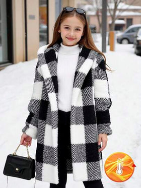 SHEIN Serisse Kids معطف كاجوال متوسط الطول ذو قلنسوة مطبوع بنمط مربعات أبيض وأسود ذو وجهين، للبنات المراهقات، للارتداء اليومي الكاجوال في فصلي الخريف والشتاء، للعودة إلى المدرسة