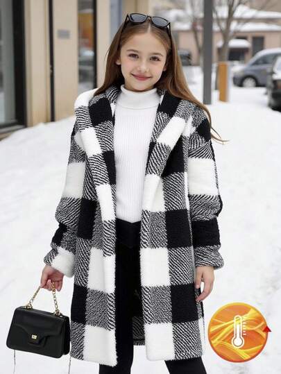 SHEIN Serisse Kids معطف كاجوال متوسط الطول ذو قلنسوة مطبوع بنمط مربعات أبيض وأسود ذو وجهين، للبنات المراهقات، للارتداء اليومي الكاجوال في فصلي الخريف والشتاء، للعودة إلى المدرسة
