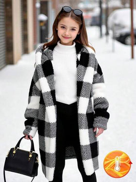 SHEIN Serisse Kids معطف كاجوال متوسط الطول ذو قلنسوة مطبوع بنمط مربعات أبيض وأسود ذو وجهين، للبنات المراهقات، للارتداء اليومي الكاجوال في فصلي الخريف والشتاء، للعودة إلى المدرسة