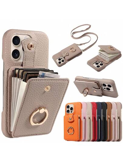 غطاء جلدي للهاتف مع فتحات متعددة للبطاقات وحامل أكورديون، متوافق مع 17 Pro Max/17 Pro/Air/17/16 Pro Max/16/15/14/13/12/11، A16 Series، غطاء واقي مضاد للسقوط والسرقة مع حامل خاتم