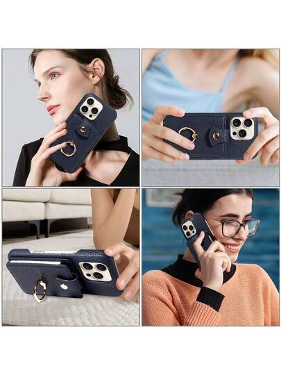 غطاء هاتف جلدي للهاتف مع فتحات متعددة للبطاقات وحامل بتصميم أكورديون، متوافق مع 17 Pro Max/17 Pro/Air/17/16 Pro Max/16/15/14/13/12/11، A16 Series، غطاء واقي مضاد للسقوط والسرقة، قطعة واحدة بنقشة جلد الليتشي