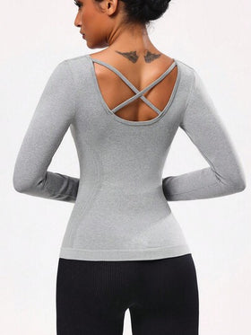 Seamluxe SHEIN Sport تي شيرت رياضي كاجوال بأكمام طويلة وتصميم متقاطع بلون أحادي بسيط للنساء