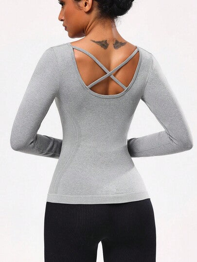 Seamluxe SHEIN Sport تي شيرت رياضي كاجوال بأكمام طويلة وتصميم متقاطع بلون أحادي بسيط للنساء
