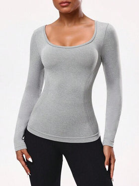 Seamluxe SHEIN Sport تي شيرت رياضي كاجوال بأكمام طويلة وتصميم متقاطع بلون أحادي بسيط للنساء