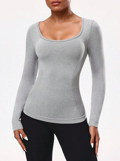 Seamluxe SHEIN Sport تي شيرت رياضي كاجوال بأكمام طويلة وتصميم متقاطع بلون أحادي بسيط للنساء