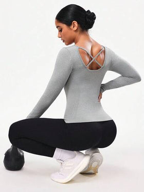 Seamluxe SHEIN Sport تي شيرت رياضي كاجوال بأكمام طويلة وتصميم متقاطع بلون أحادي بسيط للنساء
