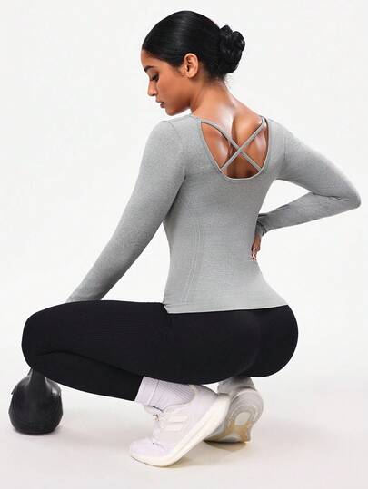 Seamluxe SHEIN Sport تي شيرت رياضي كاجوال بأكمام طويلة وتصميم متقاطع بلون أحادي بسيط للنساء