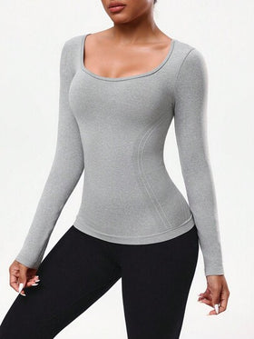 Seamluxe SHEIN Sport تي شيرت رياضي كاجوال بأكمام طويلة وتصميم متقاطع بلون أحادي بسيط للنساء