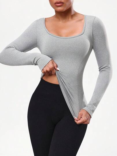 Seamluxe SHEIN Sport تي شيرت رياضي كاجوال بأكمام طويلة وتصميم متقاطع بلون أحادي بسيط للنساء