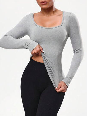 Seamluxe SHEIN Sport تي شيرت رياضي كاجوال بأكمام طويلة وتصميم متقاطع بلون أحادي بسيط للنساء