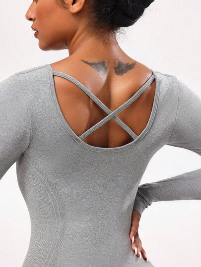 Seamluxe SHEIN Sport تي شيرت رياضي كاجوال بأكمام طويلة وتصميم متقاطع بلون أحادي بسيط للنساء