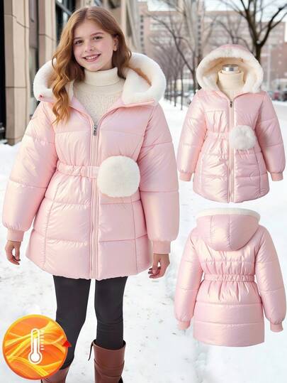 SHEIN معطف قطن متوسط الطول ذو تصميم بسيط، مبطن ومزود بقلنسوة، مشدود الخصر، موضة مبسطة للفتيات المراهقات، شتوي