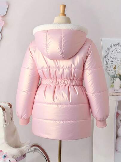 SHEIN معطف قطن متوسط الطول ذو تصميم بسيط، مبطن ومزود بقلنسوة، مشدود الخصر، موضة مبسطة للفتيات المراهقات، شتوي