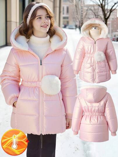SHEIN معطف قطن متوسط الطول ذو تصميم بسيط، مبطن ومزود بقلنسوة، مشدود الخصر، موضة مبسطة للفتيات المراهقات، شتوي