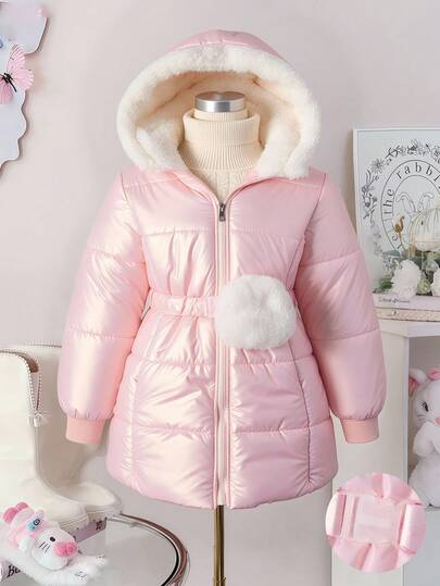 SHEIN معطف قطن متوسط الطول ذو تصميم بسيط، مبطن ومزود بقلنسوة، مشدود الخصر، موضة مبسطة للفتيات المراهقات، شتوي