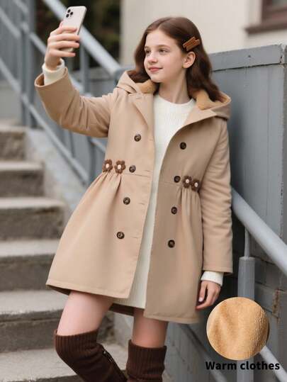 SHEIN معطف فليس كاجوال بغطاء للفتيات المراهقات متوسط الطول، شتوي