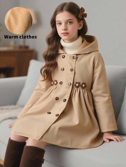 SHEIN معطف فليس كاجوال بغطاء للفتيات المراهقات متوسط الطول، شتوي