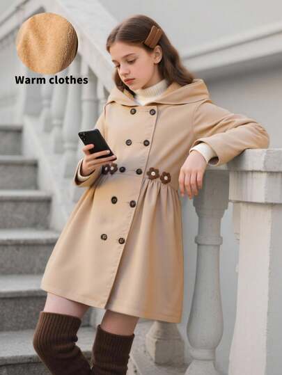 SHEIN معطف فليس كاجوال بغطاء للفتيات المراهقات متوسط الطول، شتوي