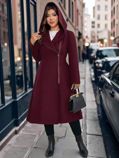 EMERY ROSE معطف أحمر كبير الحجم مع قلنسوة، تجميع الخصر، سحاب غير متماثل