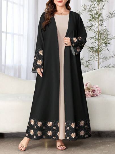 SHEIN Najma عباية كاجوال طويلة الأكمام للنساء ذوات الأحجام الكبيرة، بطبعات زهور ونباتات، مناسبة للربيع والخريف