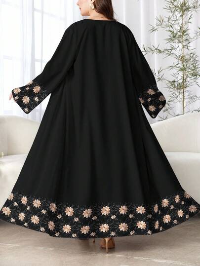 SHEIN Najma عباية كاجوال طويلة الأكمام للنساء ذوات الأحجام الكبيرة، بطبعات زهور ونباتات، مناسبة للربيع والخريف