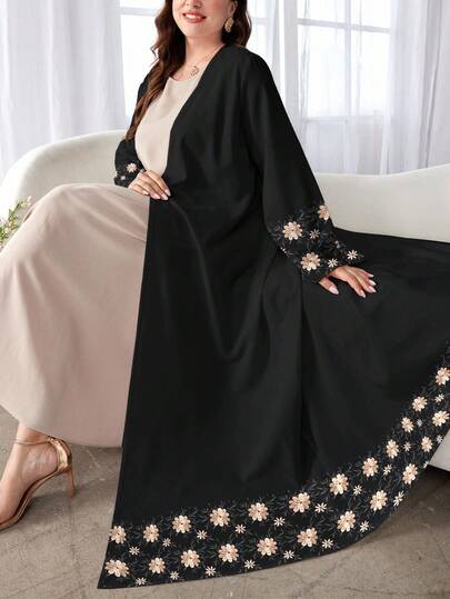 SHEIN Najma عباية كاجوال طويلة الأكمام للنساء ذوات الأحجام الكبيرة، بطبعات زهور ونباتات، مناسبة للربيع والخريف