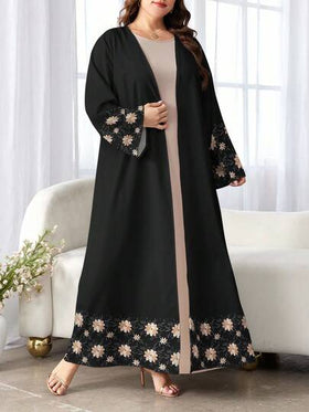 SHEIN Najma عباية كاجوال طويلة الأكمام للنساء ذوات الأحجام الكبيرة، بطبعات زهور ونباتات، مناسبة للربيع والخريف