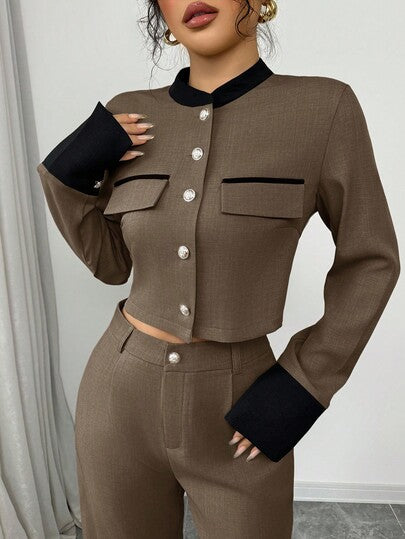 Selianne بدلة أنيقة للنساء للتنقل مع جاكيت ذات أكمام طويلة أحادية الصدر وبنطال ذو لون متباين، خريفية
