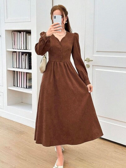 SHEIN فستان طويل بخصر على شكل حرف A مزين بأزرار وأكمام فانوس من الكوردوروي البني، ملابس خارجية أنيقة للمراهقات، خريف/شتاء