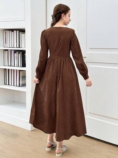 SHEIN فستان طويل بخصر على شكل حرف A مزين بأزرار وأكمام فانوس من الكوردوروي البني، ملابس خارجية أنيقة للمراهقات، خريف/شتاء